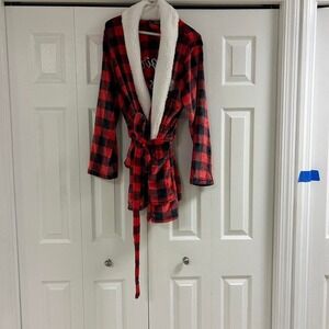 Red and black Santa's Treasures robe with fur trim and pockets